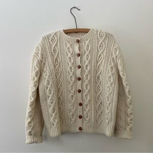 Vintage Cable Knit Wool Cardigan Sweater Cream Fisherman Handmade Irish Aran
